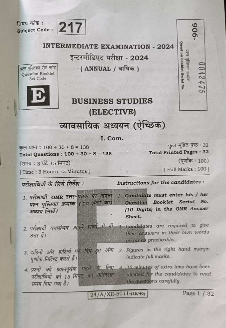 Bihar Board Class 12 Business Studies Question Paper 2024